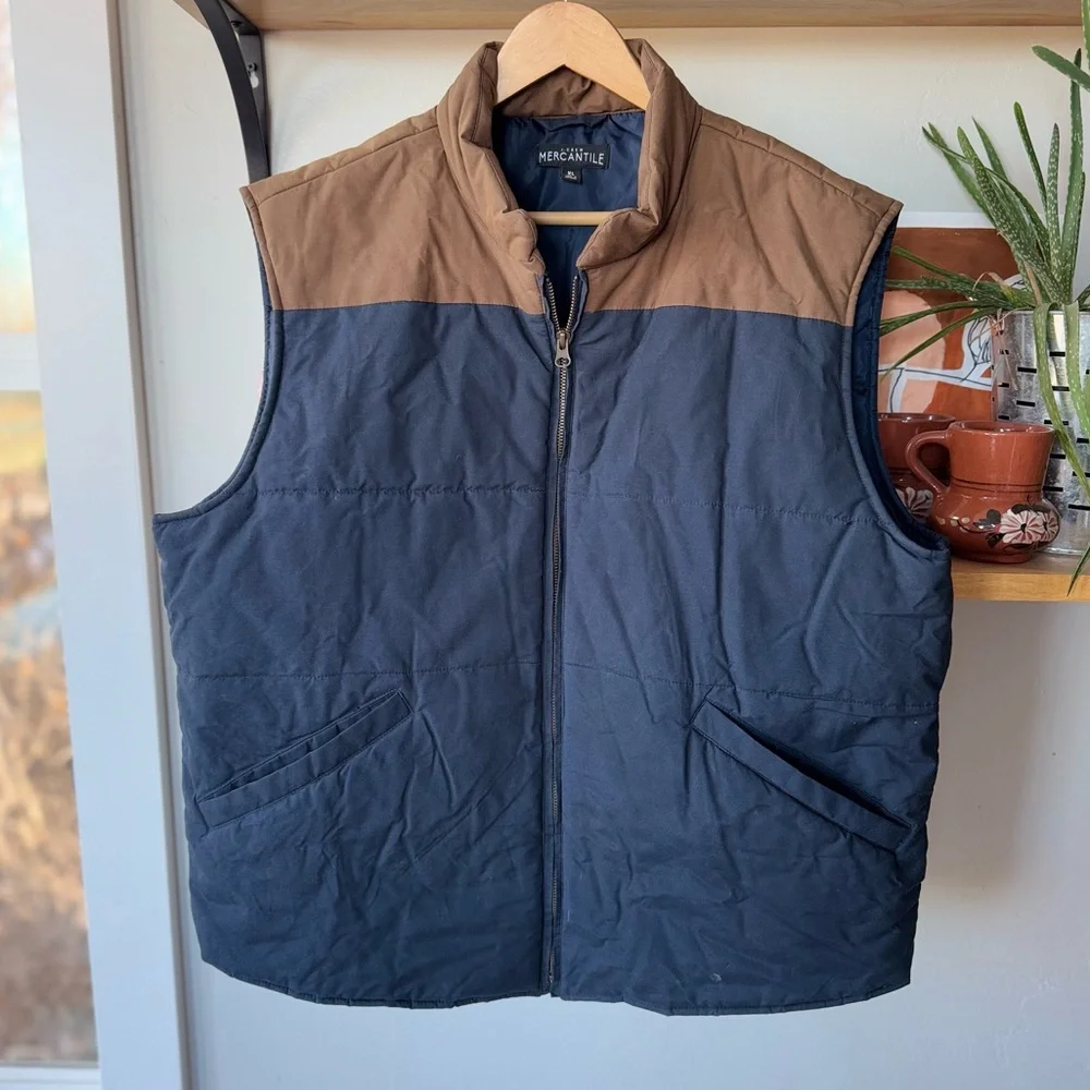J. Crew Mercantile Navy Blue Brown Tan 2 Tone Cotton Puffer Fisherman Vest Sz XL